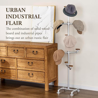 MyGift Hat Rack Stand, Cowboy Hat Tree with 10 Round Rustic Burnt Wood Hat Hangers, Industrial Metal Decorative Pipework Stand with Hooks for Hanging Hats or Wigs, Entryway, Bedroom, Silver Metal