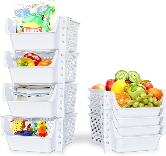 TidyFriend 4 Pack Stackable Storage Bins Open Front for Pantry Organizers and Storage, Plastic Storage Bins, Dorm Room Essentials, Pantry Storage for Snacks, Toiletries, and Small Essentials (White)