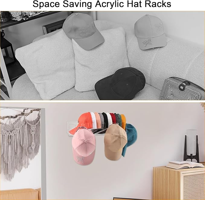 Acrylic Hat Racks for Baseball Caps Wall, 2 Pack Hat Organizer for 50 Baseball Caps Holders, Sturdy Clear Wall Mounted Storage Organizer