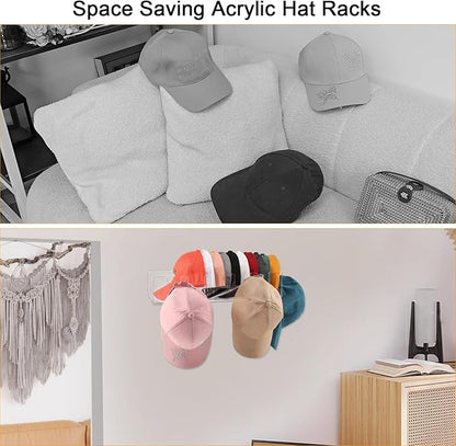Acrylic Hat Racks for Baseball Caps Wall, 2 Pack Hat Organizer for 50 Baseball Caps Holders, Sturdy Clear Wall Mounted Storage Organizer