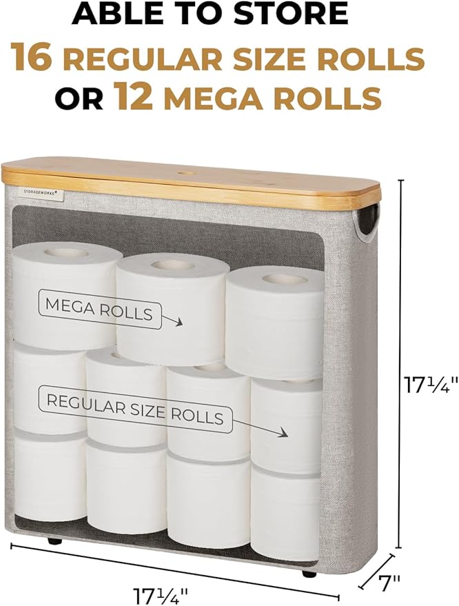 StorageWorks Large Toilet Paper Storage with Bamboo Lid, Toilet Paper Holder Basket for Up to 12 Mega or 16 Regular Size Rolls, Paper Storage Baskets for Bathroom, Grey, 1 Pack