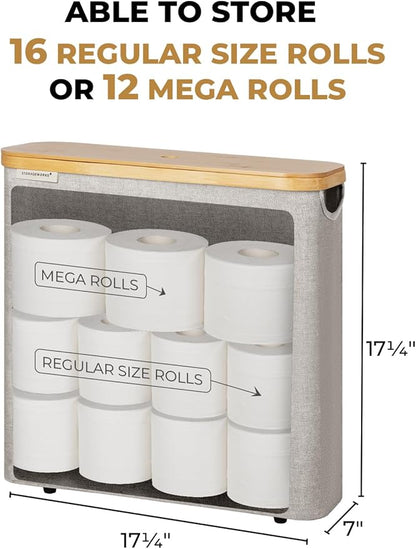 StorageWorks Large Toilet Paper Storage with Bamboo Lid, Toilet Paper Holder Basket for Up to 12 Mega or 16 Regular Size Rolls, Paper Storage Baskets for Bathroom, Grey, 1 Pack