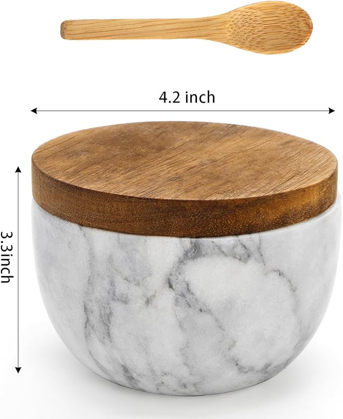 Nicunom Marble Salt Cellar with Acacia Wood Lid and Spoon, Elegant Handcrafted Salt Box Pepper Bowl Spice Jar Seasoning Keeper Salt Container for Kitchen Counter