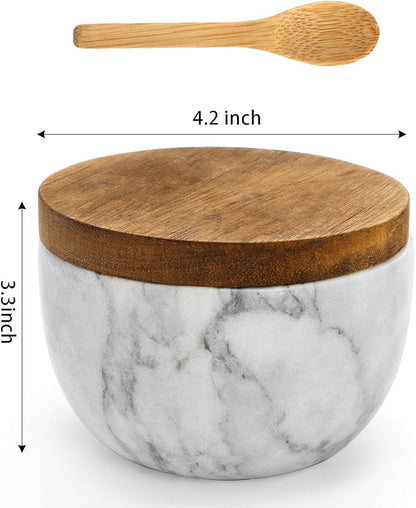Nicunom Marble Salt Cellar with Acacia Wood Lid and Spoon, Elegant Handcrafted Salt Box Pepper Bowl Spice Jar Seasoning Keeper Salt Container for Kitchen Counter