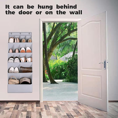 over the Door Shoe Organizer, Hanging Shoe Organizer with 15 Large Deep Pockets, Narrow Shoe Rack for Door Hanging Boots Storage, Dorm Room Essentials, Grey 11 Grid