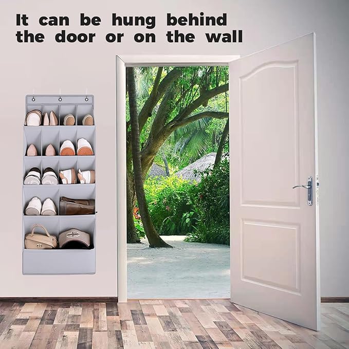 Over the Door Shoe Organizer, Hanging Shoe Organizer with 15 Large Deep Pockets, Narrow Shoe Rack for Door Hanging Boots Storage, Dorm Room Essentials, Grey