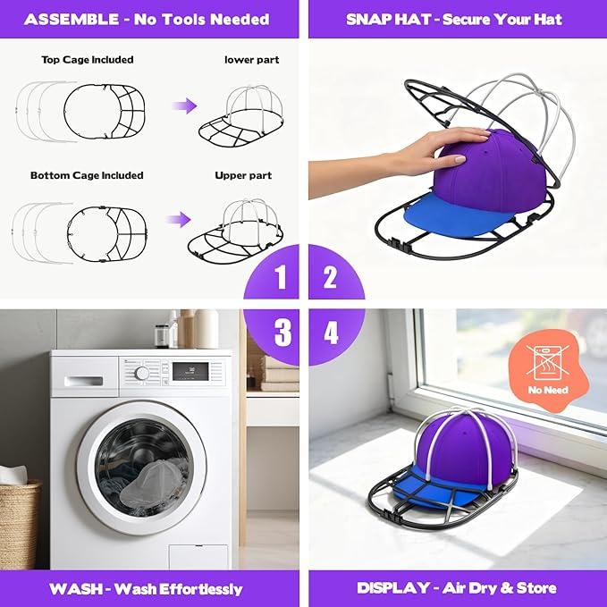 Hat Washer Cage with Mesh Bag – Baseball Cap Cleaner for Washing Machine & Dishwasher, 1 Set (Assembly Required)