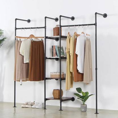 Wall Mounted Industrial Pipe Heavy Duty Clothes Rack, Clothing Rods for Hanging Clothes, Freestanding Clothing Rack with 2 Hang Rods & 4 Shelves, 72.8" W x 17.7" D x 71" H