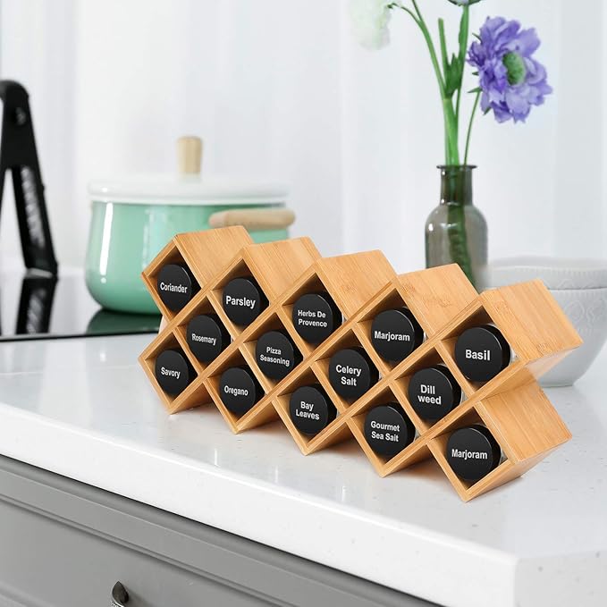 Phyllia Bamboo Spice Rack Organizer 4-Tier Countertop Organiser, Criss-Cross Kitchen cabinet Free-Standing Countertop Storage shelf Fit for Spice Jar, Can, Bottle (Jars Not Include)