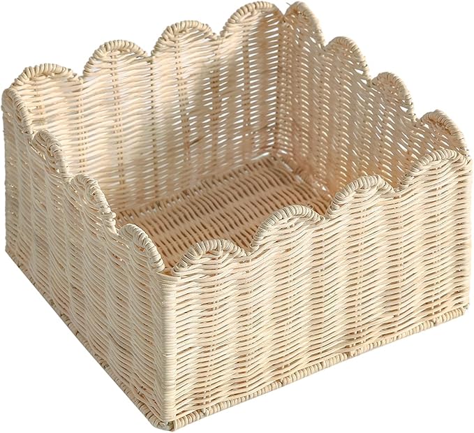 Scalloped Basket, Wicker Storage Baskets, Hand Woven Baskets for Shelves,Natural Baskets for Organizing (Rattan&S-9.5" L x 9.5" W x 5.6" H)
