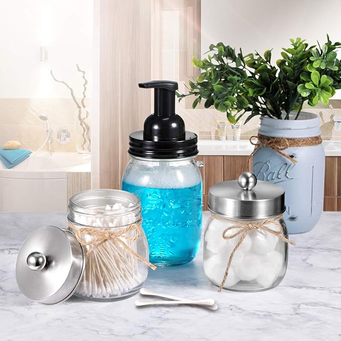 SheeChung Small Mason Jar, Glass Qtip Holder, Apothecary Jars with Lids, Bathroom Organizers and Storage, Bathroom Canister for Q-tips, Floss, Balls, Cotton Swabs, Farmhouse Decor-Brushed Nickel