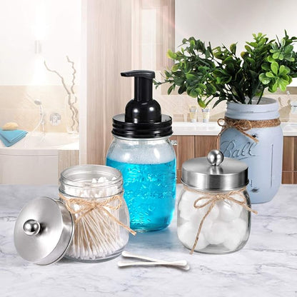 SheeChung Small Mason Jar, Glass Qtip Holder, Apothecary Jars with Lids, Bathroom Organizers and Storage, Bathroom Canister for Q-tips, Floss, Balls, Cotton Swabs, Farmhouse Decor-Brushed Nickel