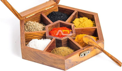 The Art Of International Wooden Spice Box with 7 Partitons & Spoon in Sheesham Wood/Table Top Masala Dabba, Namak Dani for Kitchen Accessories, Multipurpose Decorative Boxes (8X8X2 Inch, Brown)