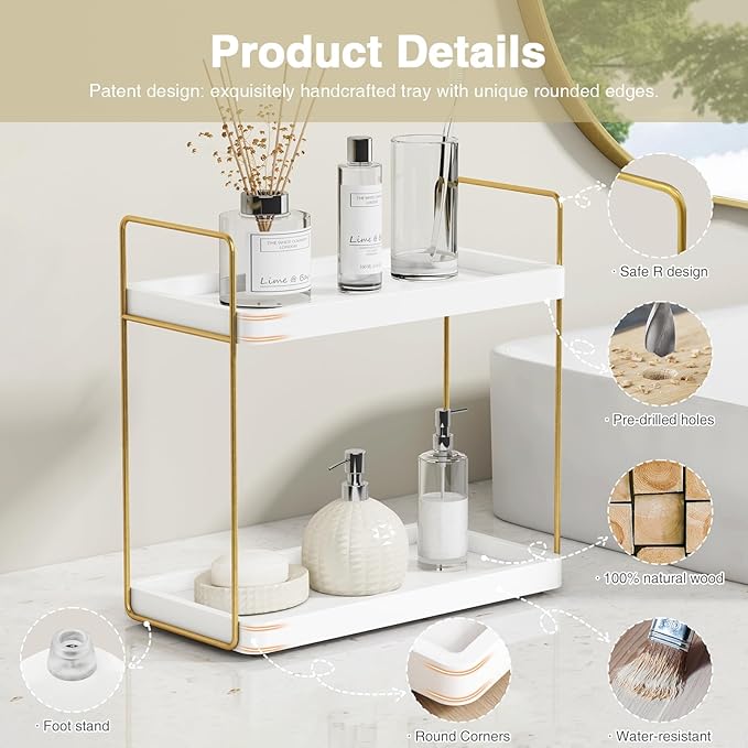 Forbena White and Gold Bathroom Counter Organizer, 2 Tier Makeup Vanity Organizer Countertop, Bathroom Sink Skincare Shelf Tray Organizers and Storage for Perfumes Lotions Kitchen Coffee Bar Decor