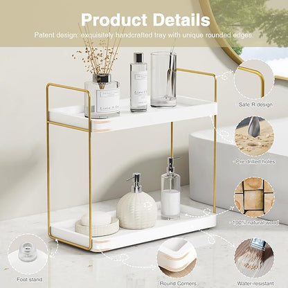 Forbena White and Gold Bathroom Counter Organizer, 2 Tier Makeup Vanity Organizer Countertop, Bathroom Sink Skincare Shelf Tray Organizers and Storage for Perfumes Lotions Kitchen Coffee Bar Decor