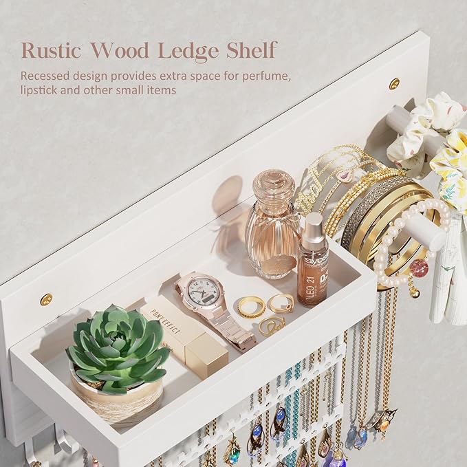 Lolalet Wall Mounted Hanging Jewelry Organizer, 15 Hooks Wooden Necklaces Holder with Storage Shelf, Easy Install Earrings Bracelets Hanger -White