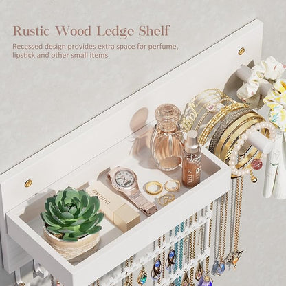 Lolalet Wall Mounted Hanging Jewelry Organizer, 15 Hooks Wooden Necklaces Holder with Storage Shelf, Easy Install Earrings Bracelets Hanger -White