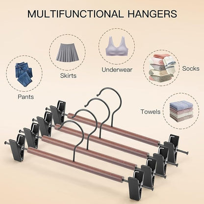 Wooden Pants Hangers with Clips 6 Pack, Heavy Duty Adjustable Clip Non Slip Skirt Hanger for Jeans, Trousers, Short, Clothes, Space Saving Closet Organizer (Black, 6 Pack)