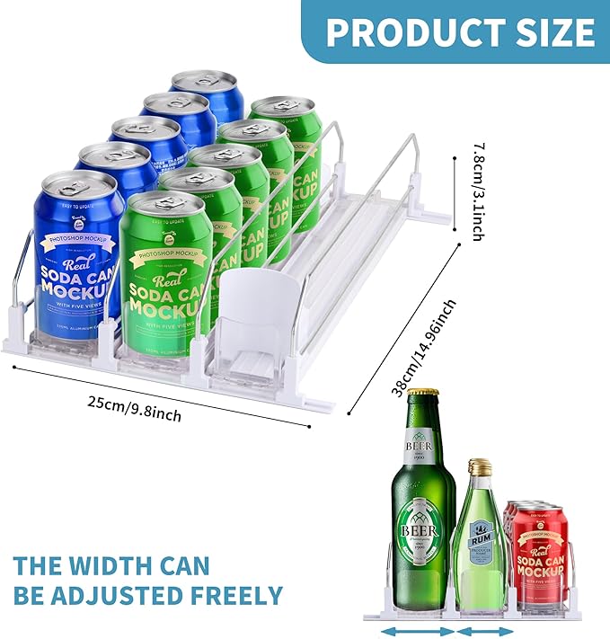 Drink Organizer for Fridge, Upgrade self locking push buttonfor Soda Can Dispenser for Refrigerator, Automatic Pusher Glide and Adjustable Width Can Fridge Organizer Hold up to 15 Cans 3 Rows