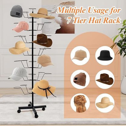 uyoyous 7-Tier Rotating Hat Rack Stand for Retail Stores, Heavy-Duty Metal Hat Display Organizer with Wheels, Holds 35+ Caps for Boutique & Home Use