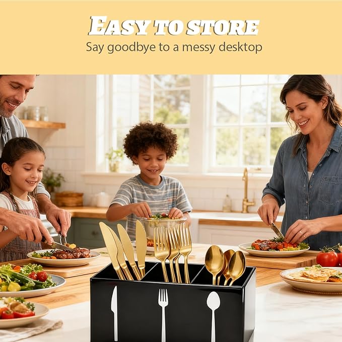 Black Acrylic Cutlery Storage Organizer,Plastic Silverware Holder,Silverware Caddy 3 Section Tableware Plastic Holder for Kitchen Storage Indoor Outdoor Decoration Supplies