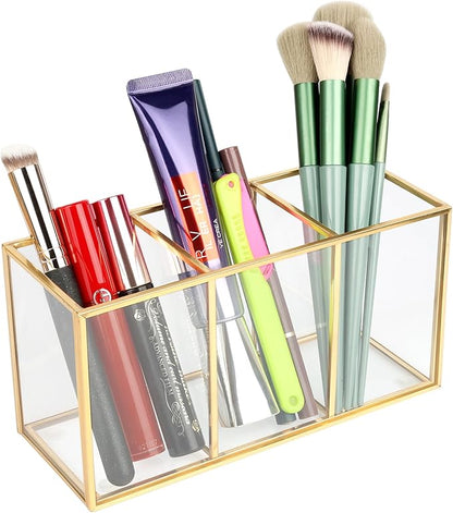 ELEGANTLIFE Clear Glass Makeup Brush Organizer,Luxurious Tempered Glass Cosmetics Brushes Storage Holder for Refined Bathroom Decor (Gold, 3 Sections)