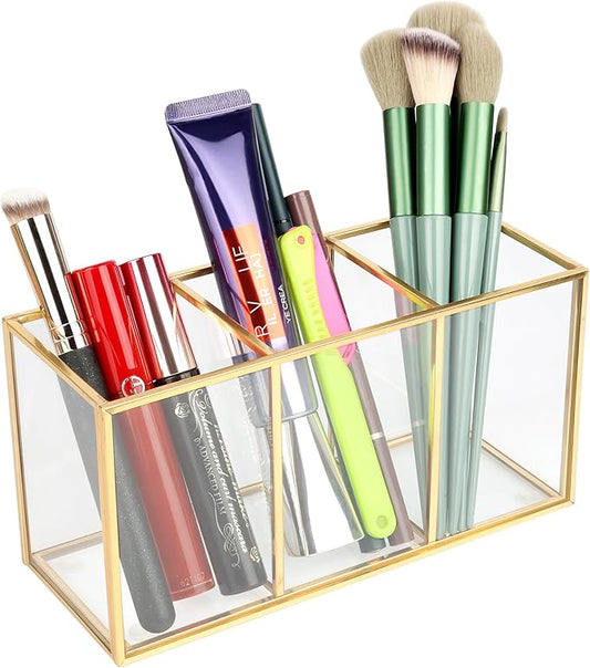 ELEGANTLIFE Clear Glass Makeup Brush Organizer,Luxurious Tempered Glass Cosmetics Brushes Storage Holder for Refined Bathroom Decor (Gold, 3 Sections)