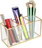 ELEGANTLIFE Clear Glass Makeup Brush Organizer,Luxurious Tempered Glass Cosmetics Brushes Storage Holder for Refined Bathroom Decor (Gold, 3 Sections)