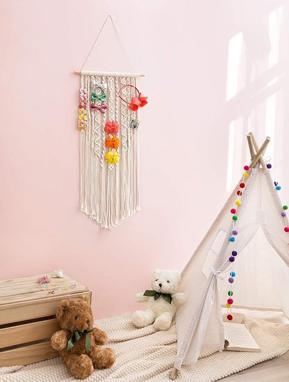 Mkono Macrame Bow Holder Hanging Hair Bow Organizer for Girls Hair Bows,Boho Wall Hair Clips Headband Storage Hanger for Baby Toddler Girls Room, Ivory (Clips and Other Props Not Included)