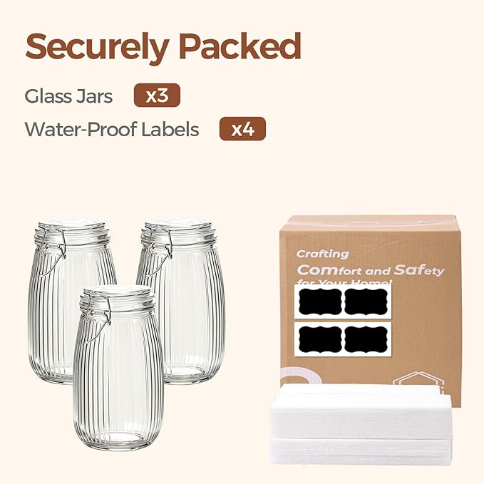 ComSaf 3pcs 50oz Ribbed Glass Jars with Airtight Clamp Lids, Large Vintage Canisters for Flour, Sugar Storage & Fermenting, Wide Mouth for Pantry Organization & Countertop Decor