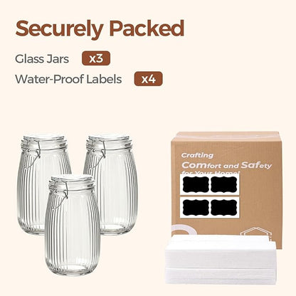 ComSaf 3pcs 50oz Ribbed Glass Jars with Airtight Clamp Lids, Large Vintage Canisters for Flour, Sugar Storage & Fermenting, Wide Mouth for Pantry Organization & Countertop Decor