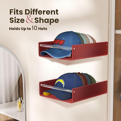 FEMELI 2 Packs Hat Organizer for Baseball, Each Acrylic Hat Racks Organizer Fit 10 Caps, Sturdy Wall Mount Holder for Men Baseball Cap Storage (Brown)