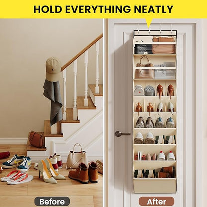 Mefirt 16-20 Pairs Over the Door Shoe Organizer, Clear Pockets Shoe Rack for Closet Door, Hanging Shoe Rack for Boots, Behind the Door Shoe Holder Fit All the Family's Sneakers, Boots, Heels, Beige