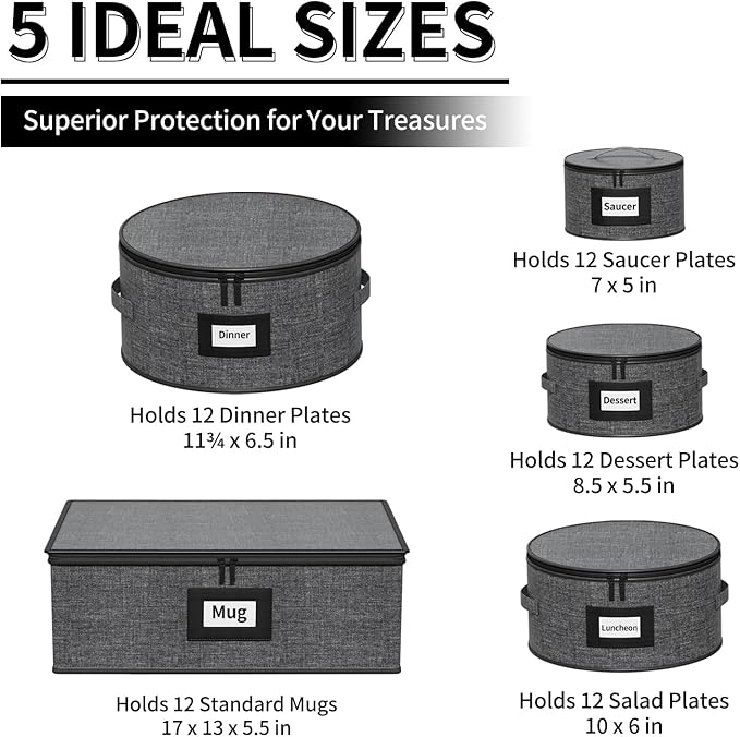 Aokeyee 5-Piece China Storage Containers Set, Hard Shell Moving Boxes for Dishes, Plates & Mugs – Dinnerware Organizer with Soft Felt Dividers, Sturdy Handles & Zippers, Grey