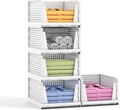 5 Packs Stackable Plastic Storage Basket for Closet Foldable Closet Organizers and Storage Bins for Shelves Storage Drawer Container for Clothes, Wardrobe, Pantry, 5L