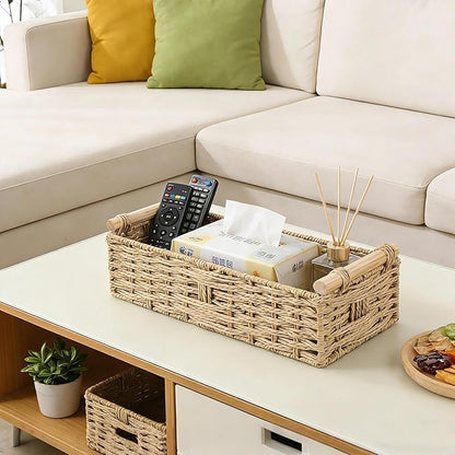 Bathroom Basket for Toilet Tank Top - Beige Toilet Paper Basket with Handles, Paper Rope Back of Toilet Tank Baskets for Counter, Shelves, Countertop, Boho Bathroom Decor 2 PCS