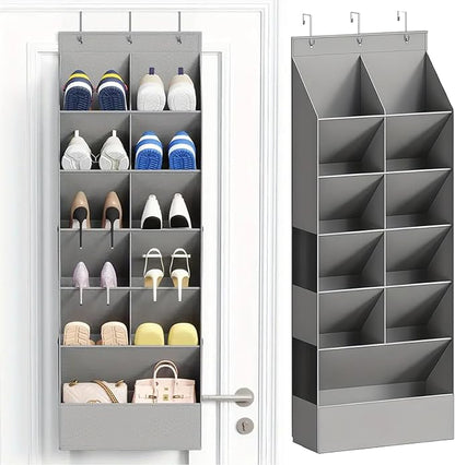 over the Door Shoe Organizer, Hanging Shoe Organizer with 15 Large Deep Pockets, Narrow Shoe Rack for Door Hanging Boots Storage, Dorm Room Essentials, Grey 11 Grid