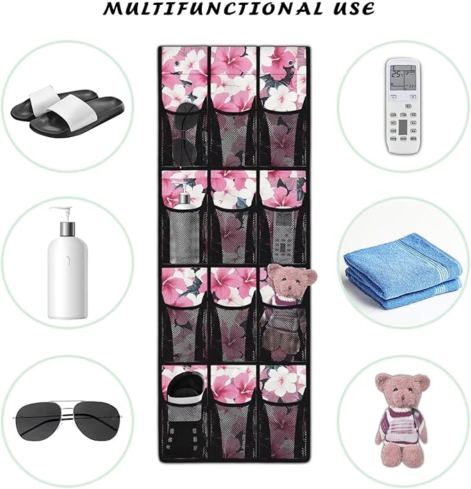 Pink Flower Over The Door Shoe Organizer,Hanging Shoe Organizer for Door with 12 Mesh Pockets,Breathable Organizer Storage Bag,Shoe Rack for Door Sneaker Hanger Boot Storage