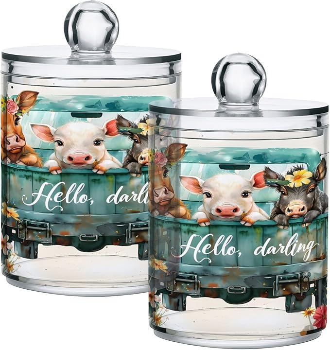 4 Pack Qtip Holder Dispenser Cow Pig Donkey Truck Cotton Ball Swab Round Pads Floss Clear Bathroom Storage Containers Plastic Apothecary Jars with Lids
