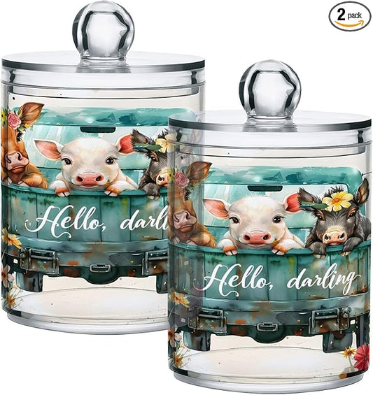 2 Pack Qtip Holder Dispenser for Cotton Ball Cow Pig Donkey Truck Swab Round Pads Clear Plastic Acrylic Jar Set Bathroom Canister