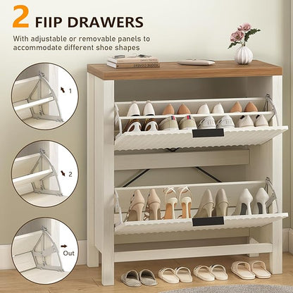 YOMILUVE Shoe Cabinet Storage for Entryway, Fluted Shoe Cabinet with 2 Flip Drawers, Hidden Shoe Rack Tall Freestanding Shoe Organizer with Legs for Hallway, White