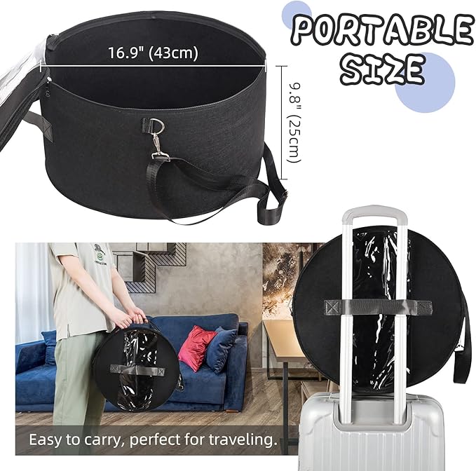 LITLANDSTAR Organizer for Women and Men, Round Storage Box Portable Felt Container Foldable Hat Holder With Dust Proof Lid, Rack for Closet or Travel (17" D x 10" H, Black)