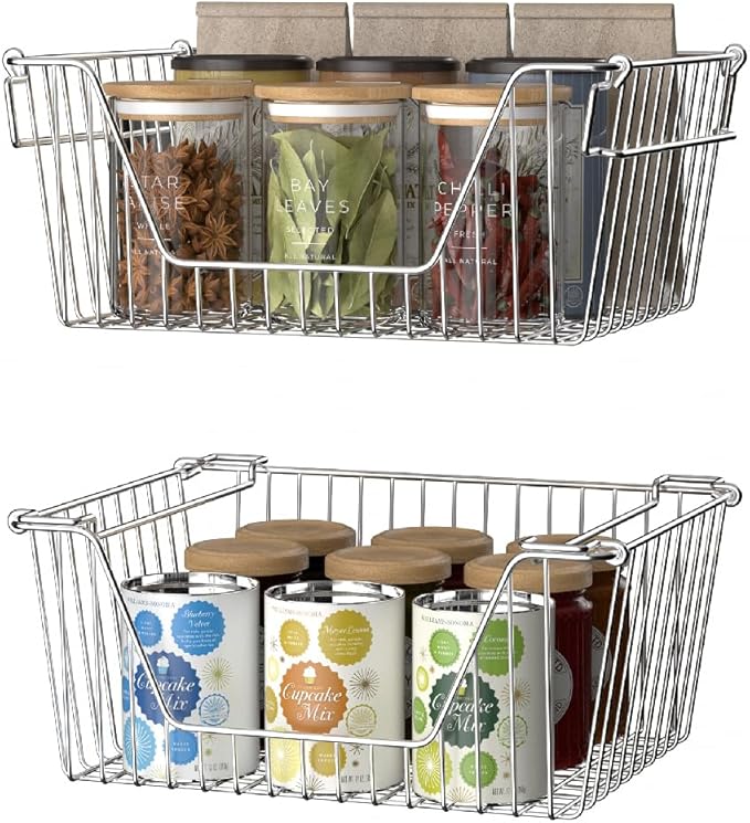 Slideep Large Stackable Storage Baskets Cabinet Organizer Sturdy Metal Wire Pantry Freezer Bin for Pantry Home Bathroom Kitchen Organization 4 Packs