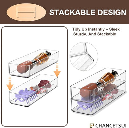 CHANCETSUI Clear Acrylic Drawer Organizer Storage: Stackable Plastic Storage Tray for Makeup and Personal Care, 4 Pieces, 3x9 Inch