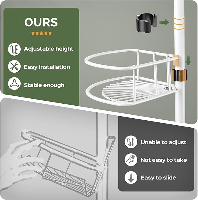 HAMITOR Corner Shower Caddy Tension Pole: Rustproof Bathroom Organizer Shelves for Bathtub Shampoo Accessories Storage Holder - 47-121 Inch Adjust - White