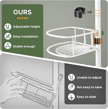 HAMITOR Corner Shower Caddy Tension Pole: Rustproof Bathroom Organizer Shelves for Bathtub Shampoo Accessories Storage Holder - 47-121 Inch Adjust - White