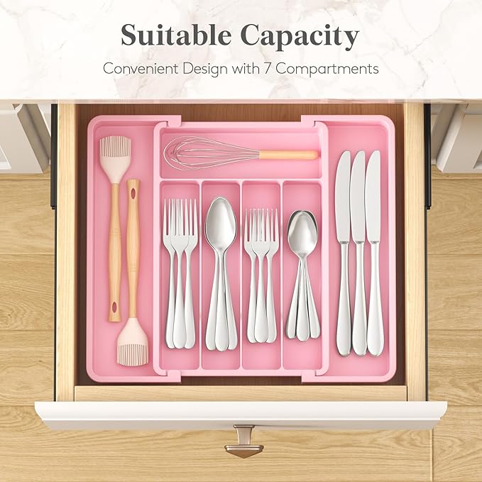 Lifewit Silverware Drawer Organizer, Expandable Utensil Tray for Kitchen, BPA Free Flatware and Cutlery Holder, Adjustable Plastic Storage for Spoons Forks Knives, 8.5"-14.1" x 12.1", Pink