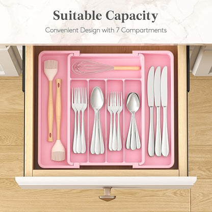 Lifewit Silverware Drawer Organizer, Expandable Utensil Tray for Kitchen, BPA Free Flatware and Cutlery Holder, Adjustable Plastic Storage for Spoons Forks Knives, 8.5"-14.1" x 12.1", Pink