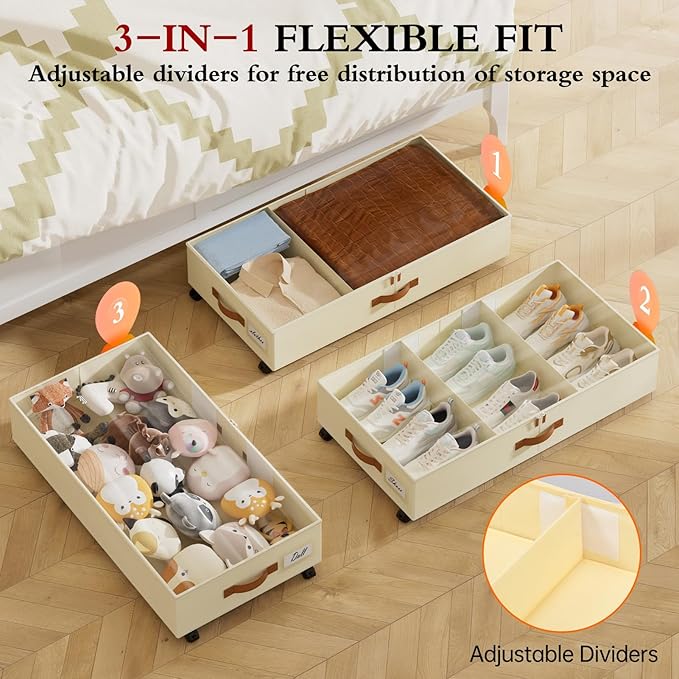 Yecaye Under Bed Storage with Wheels, 4 Pack Under Bed Storage Containers with Adjustable Dividers & Clear Window, Rolling Underbed Organizer Bins Drawers for Clothes, Shoes, Blankets, Beige