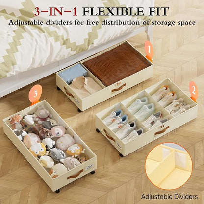 Yecaye Under Bed Storage with Wheels, 2 Pack Under Bed Storage Containers with Adjustable Dividers & Clear Lid, Rolling Underbed Organizer Bins Drawer for Clothes, Shoes, Blankets(30.3 x 16 x 6.7in)